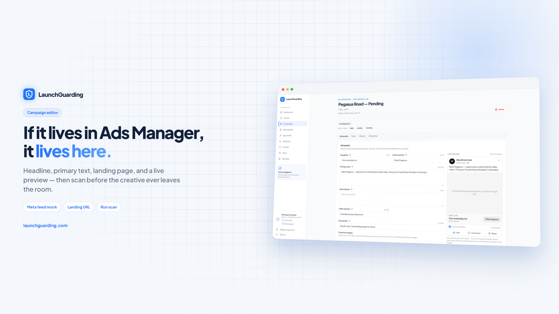 LaunchGuarding campaign editor showing Ad assets fields for headline, primary text, call to action, creative images, and a live Meta feed preview